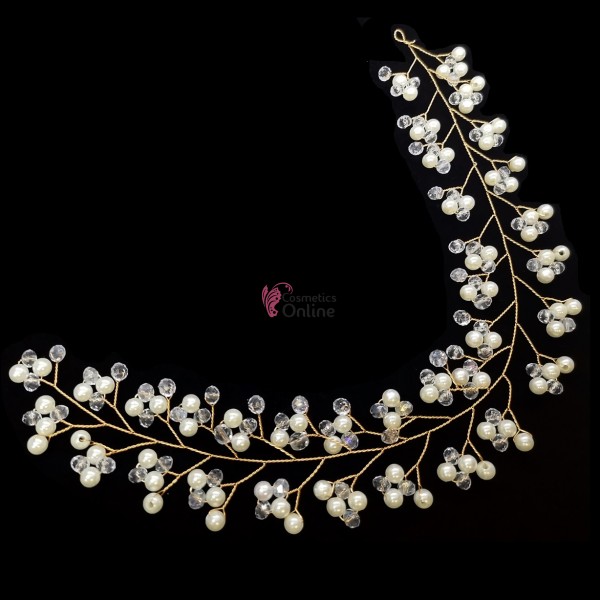 Accesoriu modern pentru decor par WED45DD Bronz cu cristale si perle de 35cm